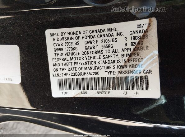 2HGFC3B9XJH357280 2018 HONDA CIVIC Черный Вид наклейки с VIN-кодом