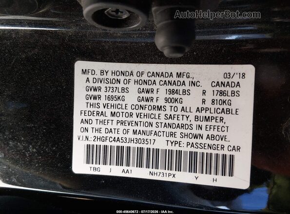 2HGFC4A53JH303517 2018 HONDA CIVIC Black Vista del compartimento del motor