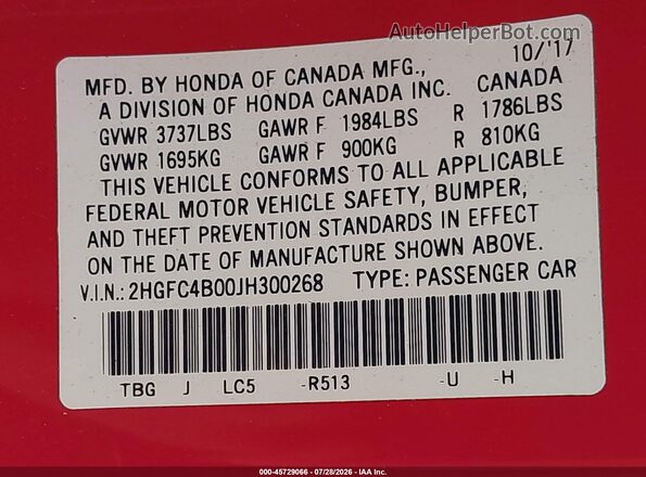 2HGFC4B00JH300268 2018 HONDA CIVIC Red ძრავის განყოფილების ხედი
