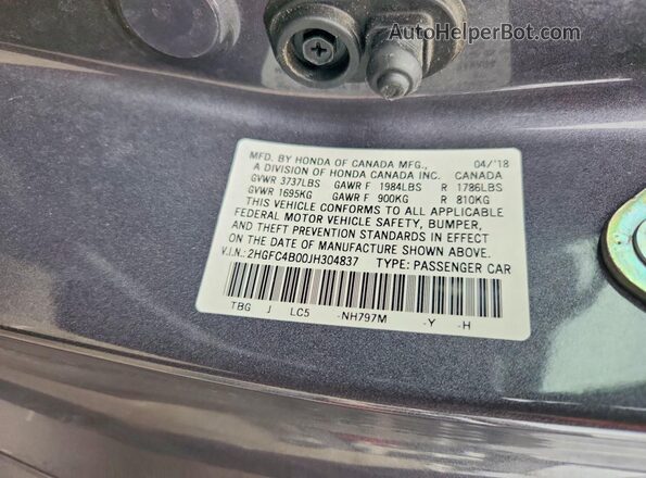 2HGFC4B00JH304837 2018 HONDA CIVIC Gray Շարժիչի բաժամունքի տեսք