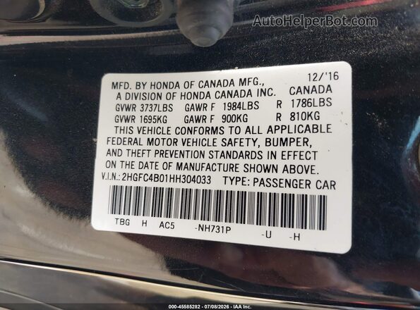 2HGFC4B01HH304033 2017 HONDA CIVIC Black Vista del compartimento del motor