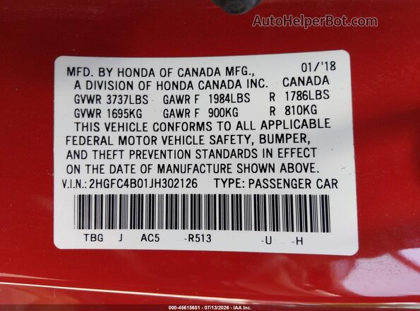 2HGFC4B01JH302126 2018 HONDA CIVIC Red ძრავის განყოფილების ხედი