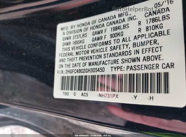 2HGFC4B02GH305450 2016 HONDA CIVIC Black Vista del compartimento del motor