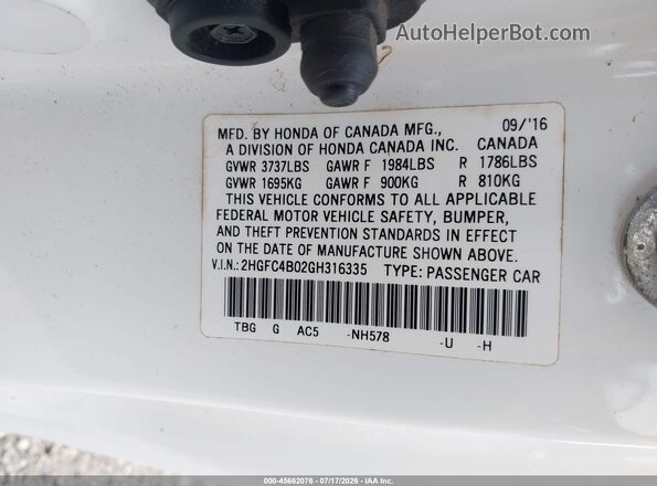 2HGFC4B02GH316335 2016 HONDA CIVIC Белый Вид подкапотного пространства