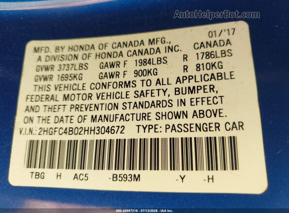 2HGFC4B02HH304672 2017 HONDA CIVIC Blue Вид підкапотного простору