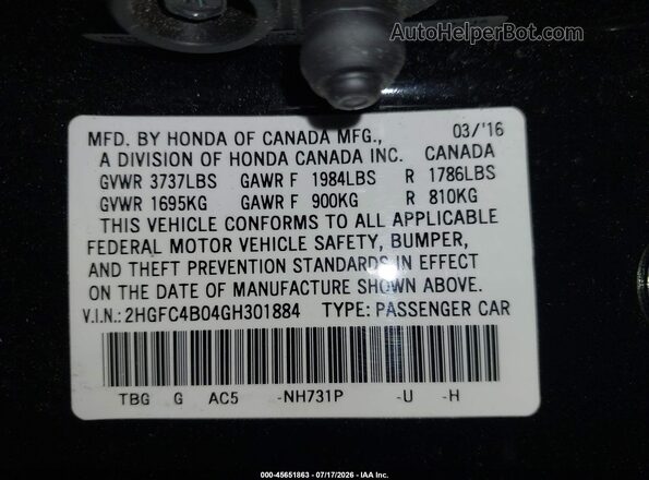2HGFC4B04GH301884 2016 HONDA CIVIC Черный Вид подкапотного пространства