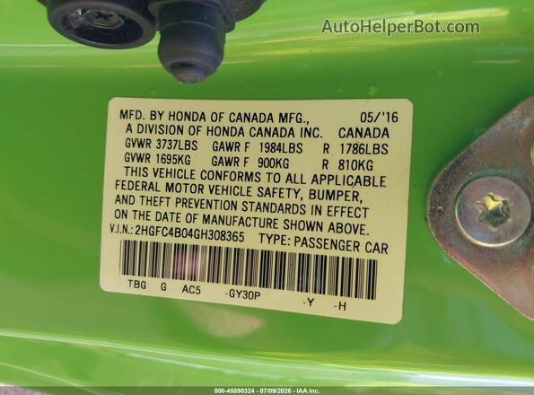 2HGFC4B04GH308365 2016 HONDA CIVIC Green Widok komory silnika