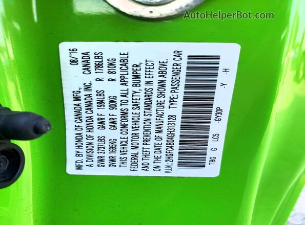 2HGFC4B04GH313128 2016 HONDA CIVIC Green Vista de la etiqueta del VIN