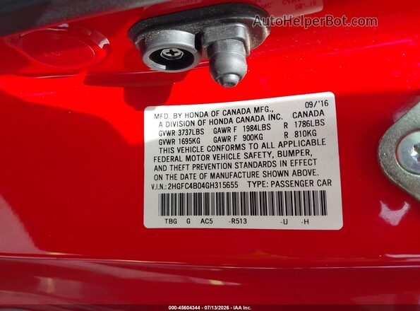 2HGFC4B04GH315655 2016 HONDA CIVIC Red Widok komory silnika