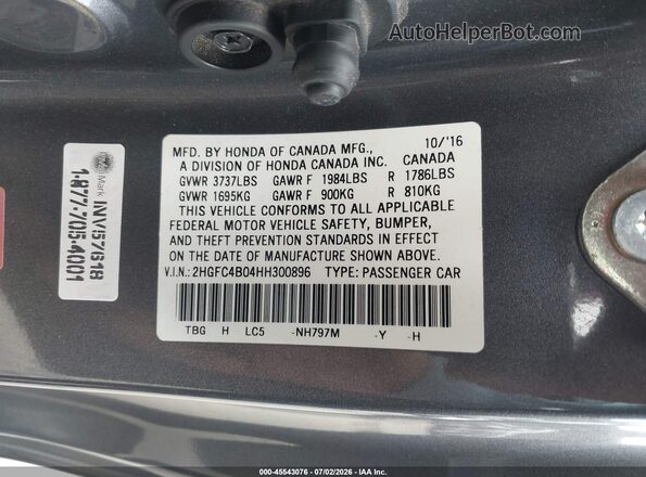2HGFC4B04HH300896 2017 HONDA CIVIC Gray Շարժիչի բաժամունքի տեսք