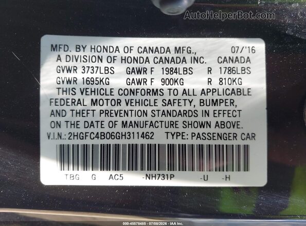 2HGFC4B06GH311462 2016 HONDA CIVIC Черный Вид подкапотного пространства