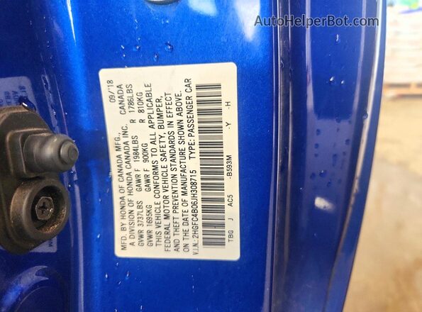 2HGFC4B06JH308715 2018 HONDA CIVIC Синий Вид наклейки с VIN-кодом