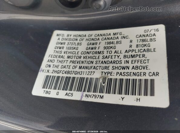 2HGFC4B07GH311227 2016 HONDA CIVIC Gray Вид підкапотного простору