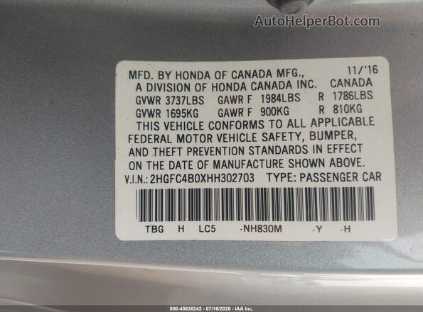 2HGFC4B0XHH302703 2017 HONDA CIVIC Silver Vista del compartimento del motor