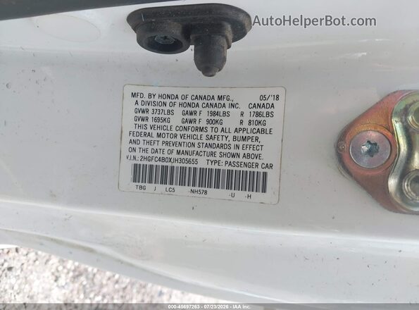 2HGFC4B0XJH305655 2018 HONDA CIVIC Белый Вид подкапотного пространства