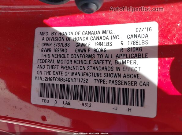 2HGFC4B54GH311732 2016 HONDA CIVIC Красный Вид подкапотного пространства