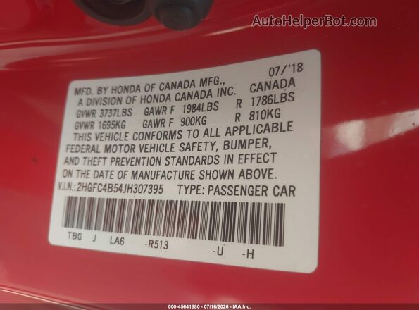 2HGFC4B54JH307395 2018 HONDA CIVIC Red ძრავის განყოფილების ხედი