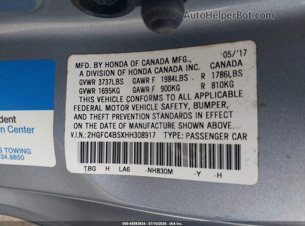 2HGFC4B5XHH308917 2017 HONDA CIVIC Silver Engine compartment view