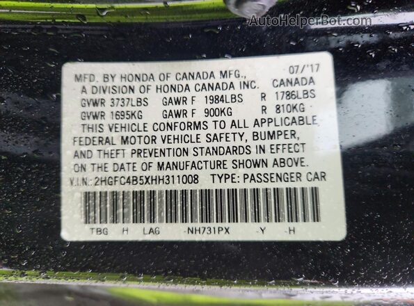 2HGFC4B5XHH311008 2017 HONDA CIVIC Black Engine compartment view