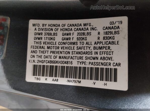 2HGFC4B66KH304816 2019 HONDA CIVIC Gray Вид підкапотного простору