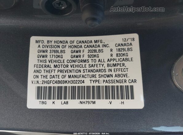 2HGFC4B69KH302204 2019 HONDA CIVIC Gray ძრავის განყოფილების ხედი
