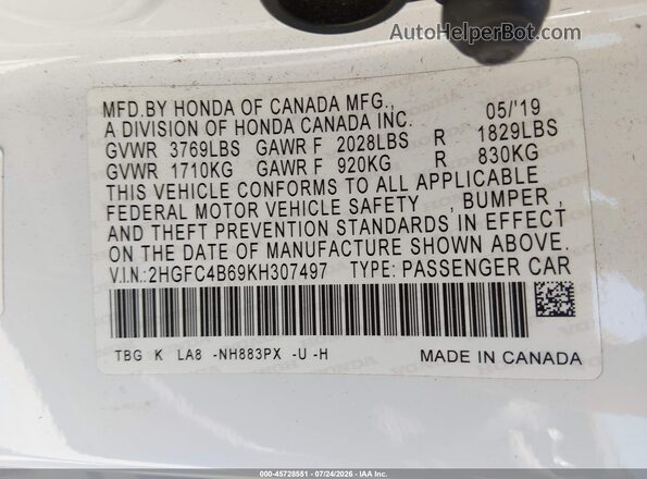 2HGFC4B69KH307497 2019 HONDA CIVIC White Vista del compartimento del motor