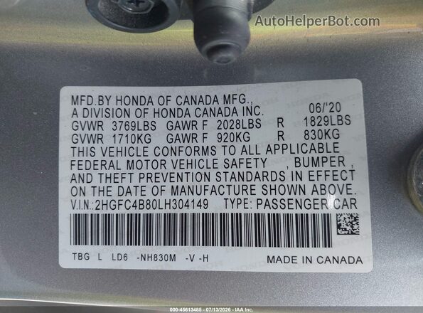 2HGFC4B80LH304149 2020 HONDA CIVIC Silver Vista del compartimento del motor
