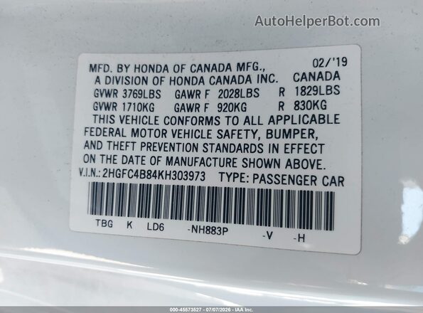 2HGFC4B84KH303973 2019 HONDA CIVIC White Engine compartment view