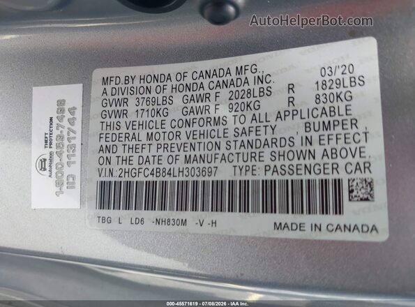 2HGFC4B84LH303697 2020 HONDA CIVIC Silver ძრავის განყოფილების ხედი