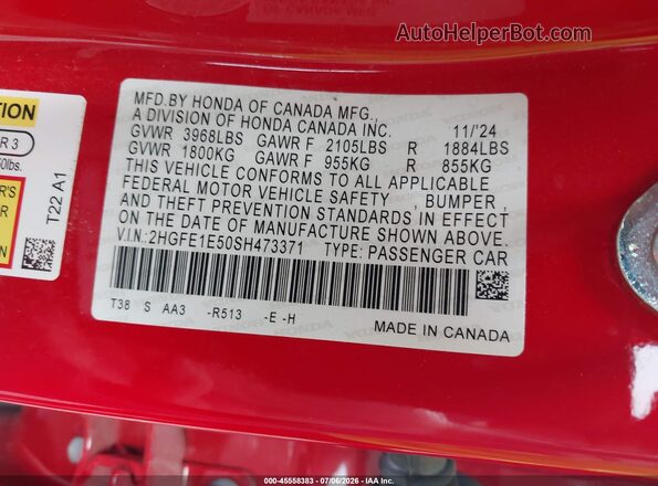 2HGFE1E50SH473371 2025 HONDA CIVIC Red Вид підкапотного простору