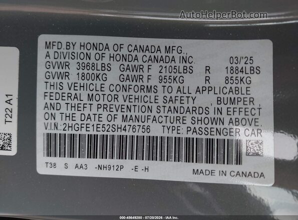 2HGFE1E52SH476756 2025 HONDA CIVIC Gray Widok komory silnika