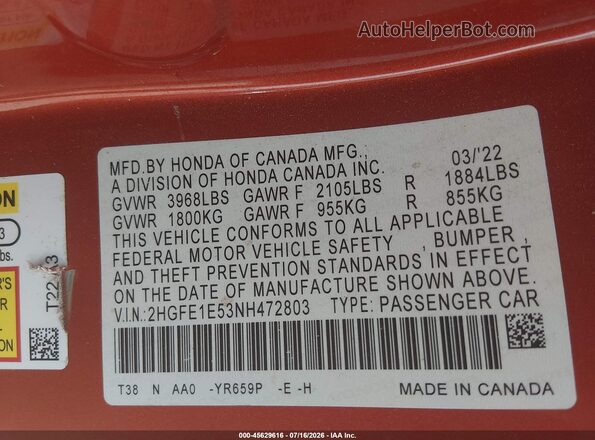 2HGFE1E53NH472803 2022 HONDA CIVIC Orange Vista del compartimento del motor