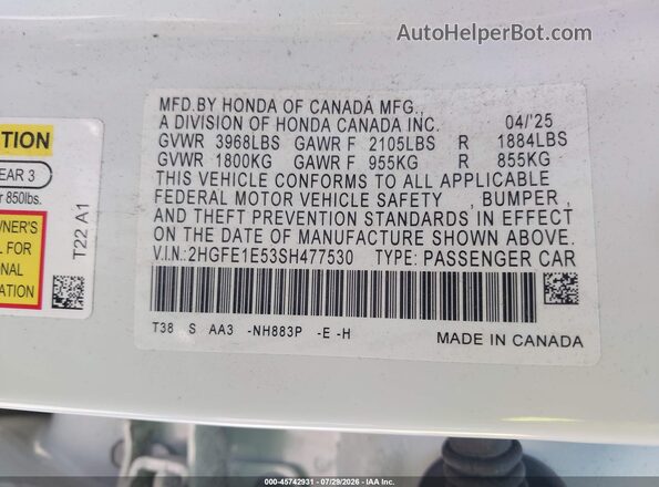 2HGFE1E53SH477530 2025 HONDA CIVIC White Вид підкапотного простору
