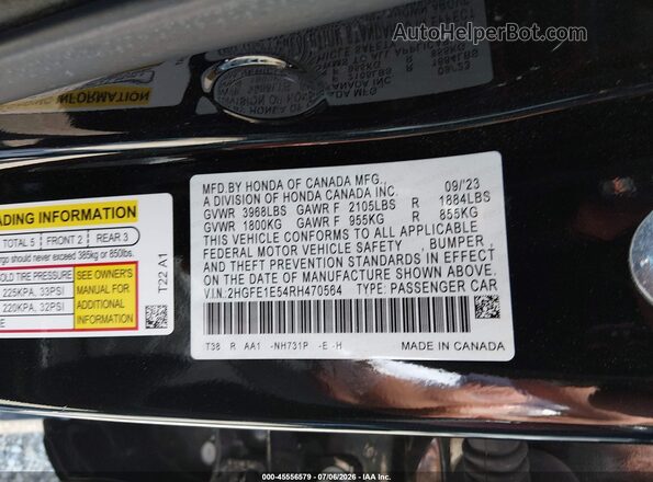 2HGFE1E54RH470564 2024 HONDA CIVIC Black Widok komory silnika