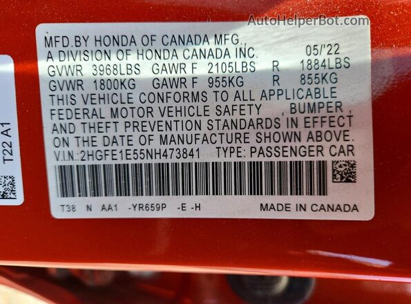 2HGFE1E55NH473841 2022 HONDA CIVIC Orange VIN კოდის სტიკერის ხედი