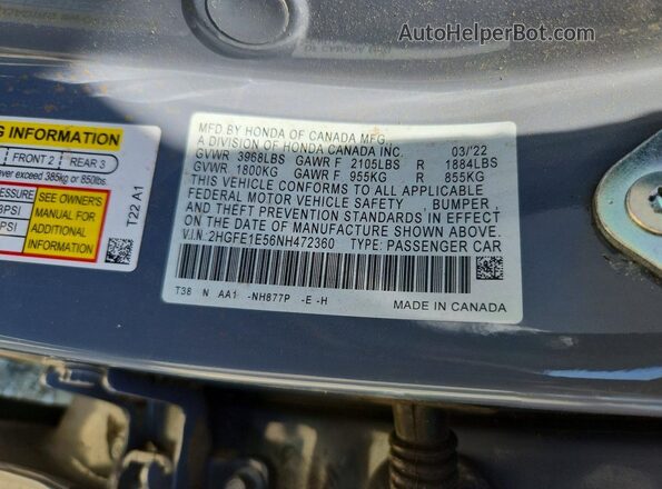 2HGFE1E56NH472360 2022 HONDA CIVIC Gray Engine compartment view
