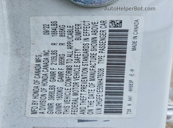 2HGFE1E56NH476036 2022 HONDA CIVIC White VIN sticker view