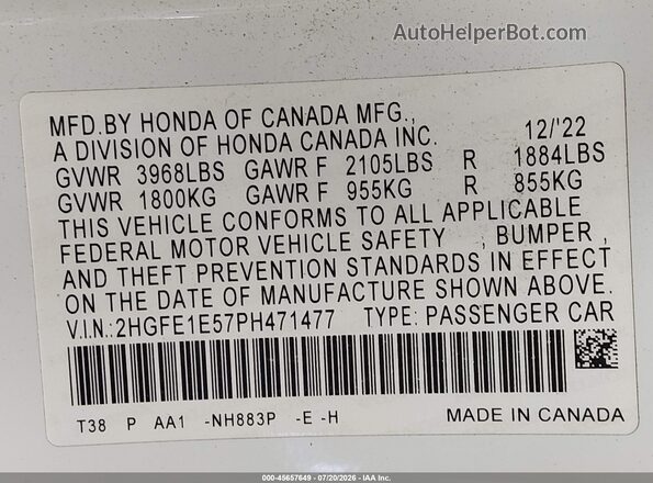 2HGFE1E57PH471477 2023 HONDA CIVIC Белый Вид подкапотного пространства
