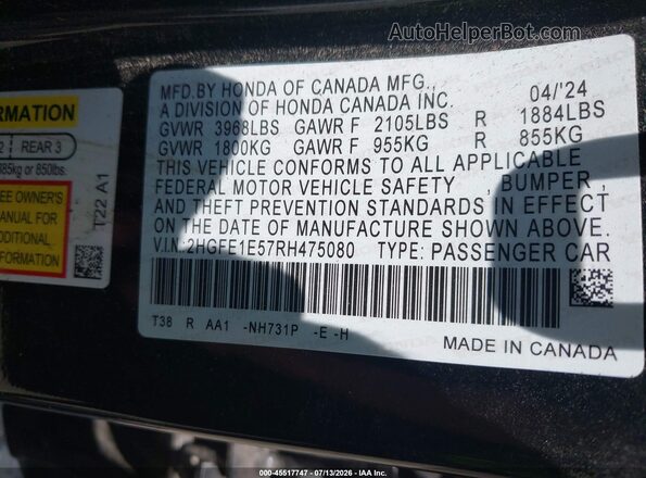2HGFE1E57RH475080 2024 HONDA CIVIC Black Շարժիչի բաժամունքի տեսք