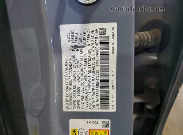 2HGFE1E59NH472093 2022 HONDA CIVIC Blue VIN კოდის სტიკერის ხედი