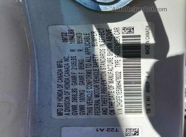 2HGFE1E59NH476032 2022 HONDA CIVIC Белый Вид подкапотного пространства
