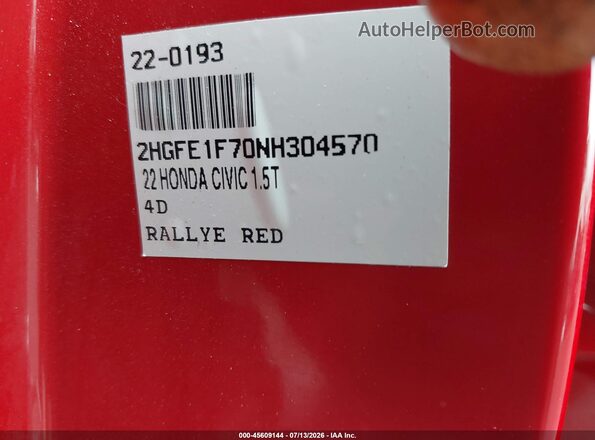 2HGFE1F70NH304570 2022 HONDA CIVIC Red ძრავის განყოფილების ხედი