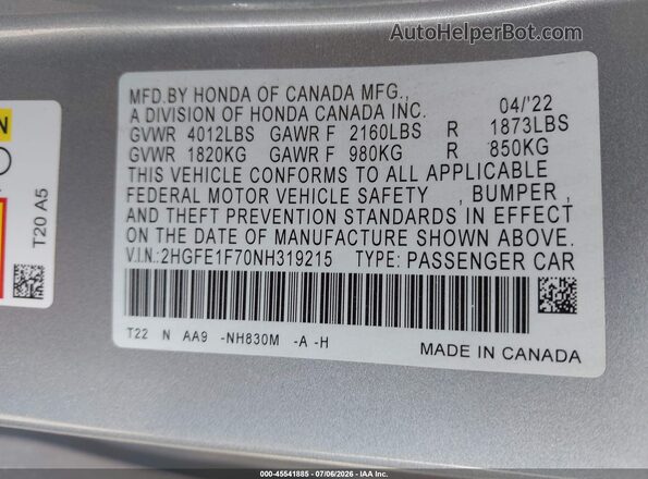 2HGFE1F70NH319215 2022 HONDA CIVIC Silver Widok komory silnika