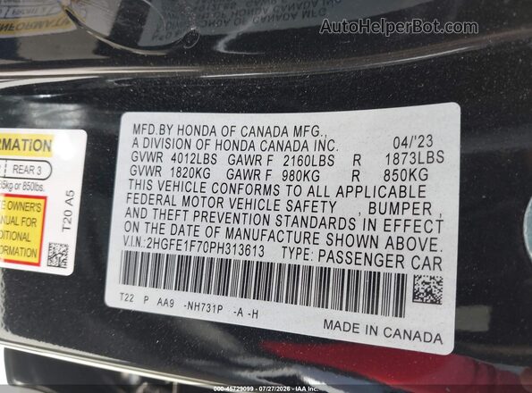 2HGFE1F70PH313613 2023 HONDA CIVIC Black Engine compartment view