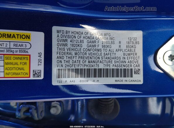 2HGFE1F71PH304175 2023 HONDA CIVIC Blue Շարժիչի բաժամունքի տեսք
