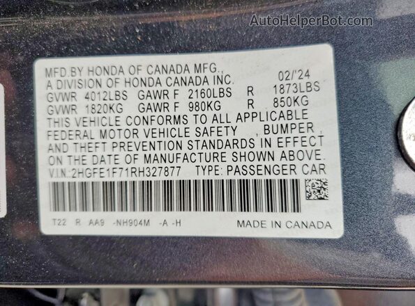 2HGFE1F71RH327877 2024 HONDA CIVIC Gray Շարժիչի բաժամունքի տեսք