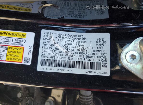 2HGFE1F72PH316934 2023 HONDA CIVIC Black Вид підкапотного простору