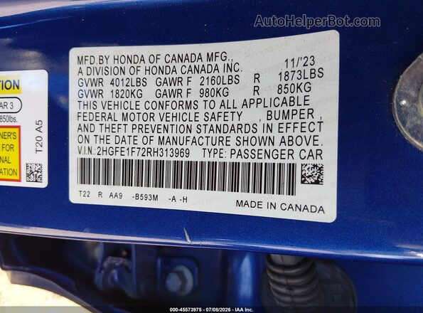 2HGFE1F72RH313969 2024 HONDA CIVIC Blue Engine compartment view
