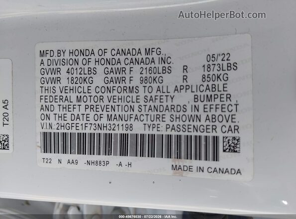 2HGFE1F73NH321198 2022 HONDA CIVIC White Вид підкапотного простору