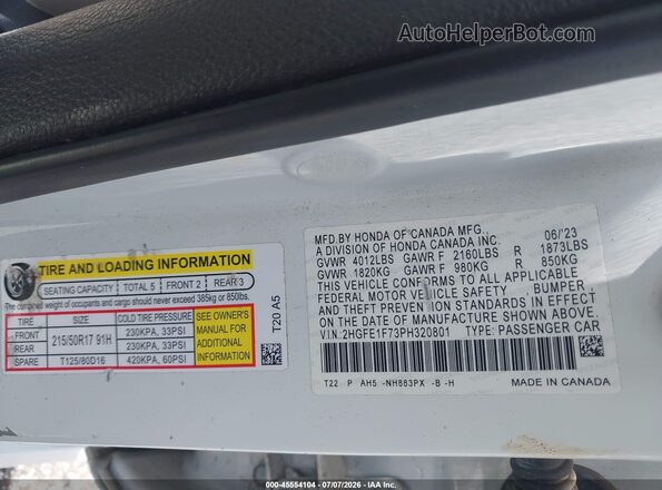 2HGFE1F73PH320801 2023 HONDA CIVIC White Շարժիչի բաժամունքի տեսք
